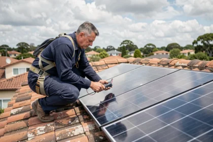 Technicien inspectant des panneaux solaires sur un toit résidentiel avec un multimètre numérique