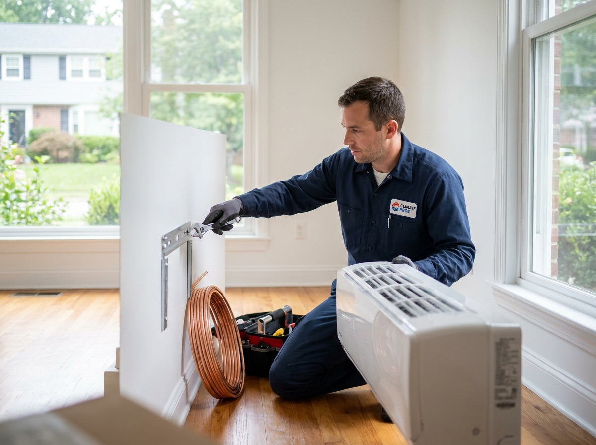 Technicien en climatisation installant un système split fixe dans une maison, montrant la transition vers une installation fixe