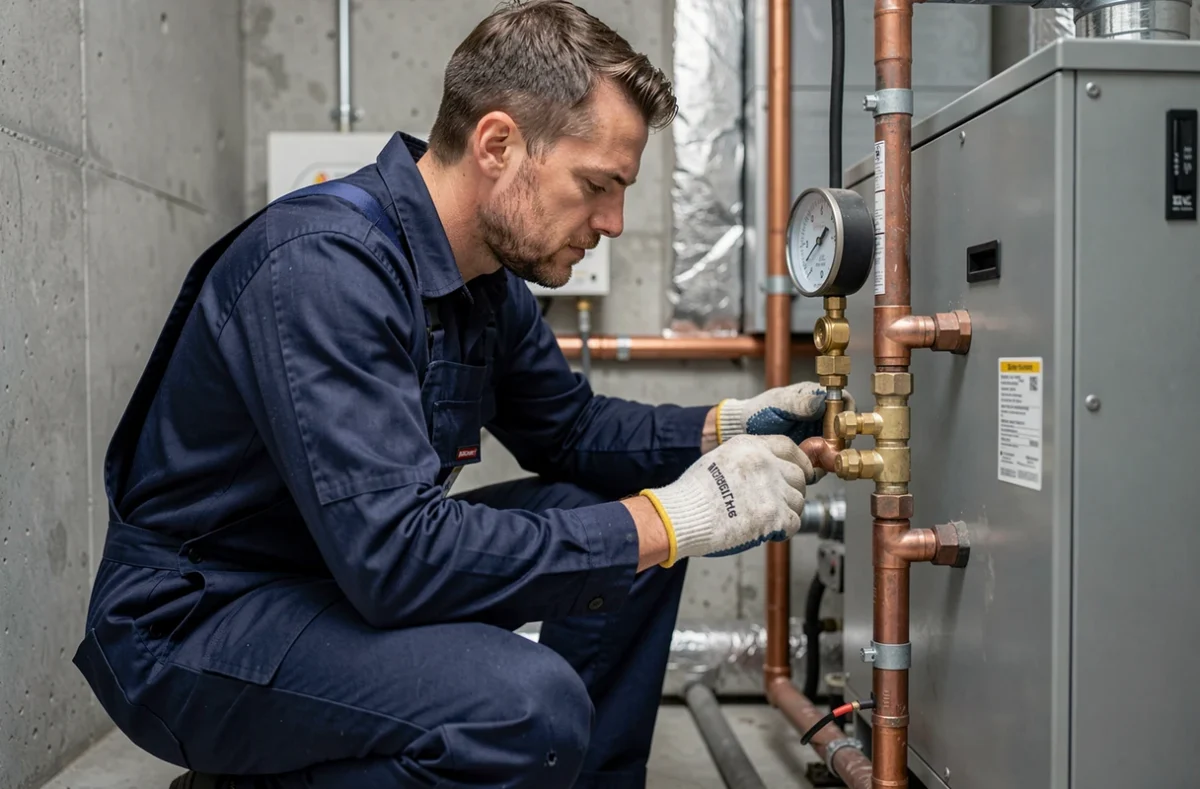 Technicien installant une pompe à chaleur air-eau dans une salle technique de maison