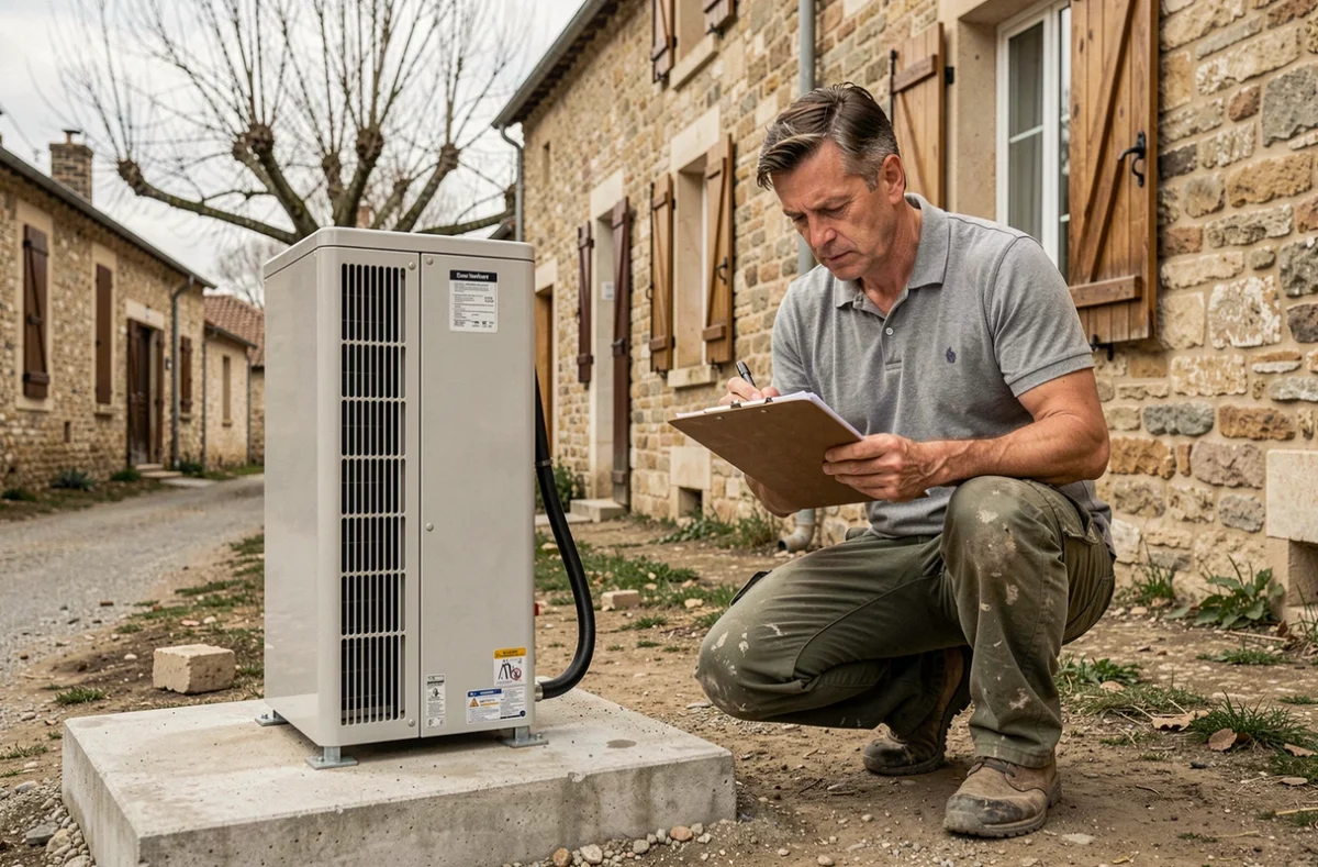 Technicien examinant les documents d'installation d'une pompe à chaleur air-eau devant une maison en pierre