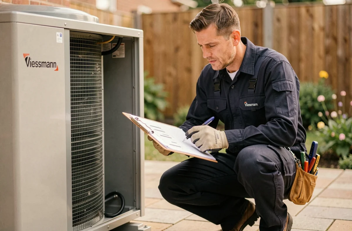 Technicien HVAC inspectant une pompe à chaleur Viessmann lors d'une installation résidentielle