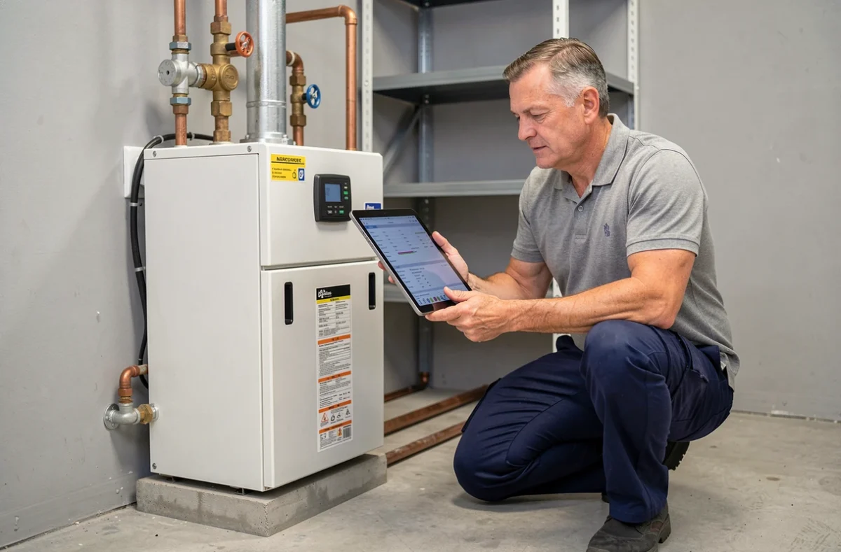 Technicien CVC inspectant le module intérieur d'une pompe à chaleur air-eau Daikin Altherma dans une chaufferie résidentielle