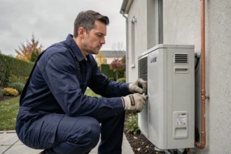 Technicien HVAC inspectant une pompe à chaleur hybride gaz installée sur la façade extérieure d'une maison pavillonnaire
