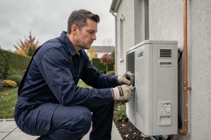 Technicien HVAC inspectant une pompe à chaleur hybride gaz installée sur la façade extérieure d'une maison pavillonnaire