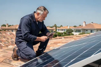 Technicien inspectant un panneau solaire Bourgeois Global installé sur un toit résidentiel avec tablette numérique