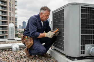 Technicien HVAC inspectant une pompe à chaleur sur le toit d'un immeuble collectif