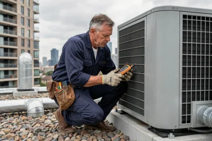 Technicien HVAC inspectant une pompe à chaleur sur le toit d'un immeuble collectif