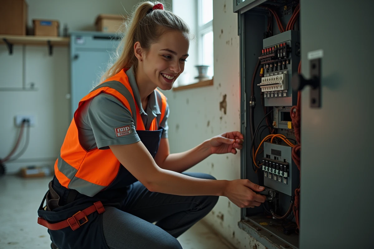Jeune femme technicienne vérifiant un panneau électrique