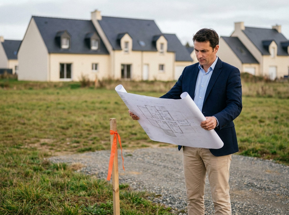 Professionnel de l'immobilier consultant un plan architectural sur un terrain à bâtir dans un quartier résidentiel de Vannes