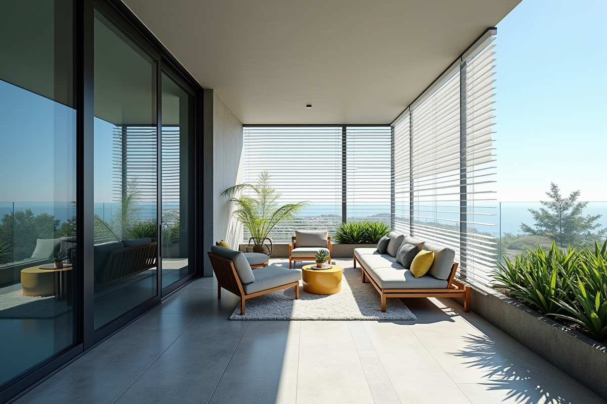 Terrasse extérieure avec volets en aluminium et mobilier contemporain