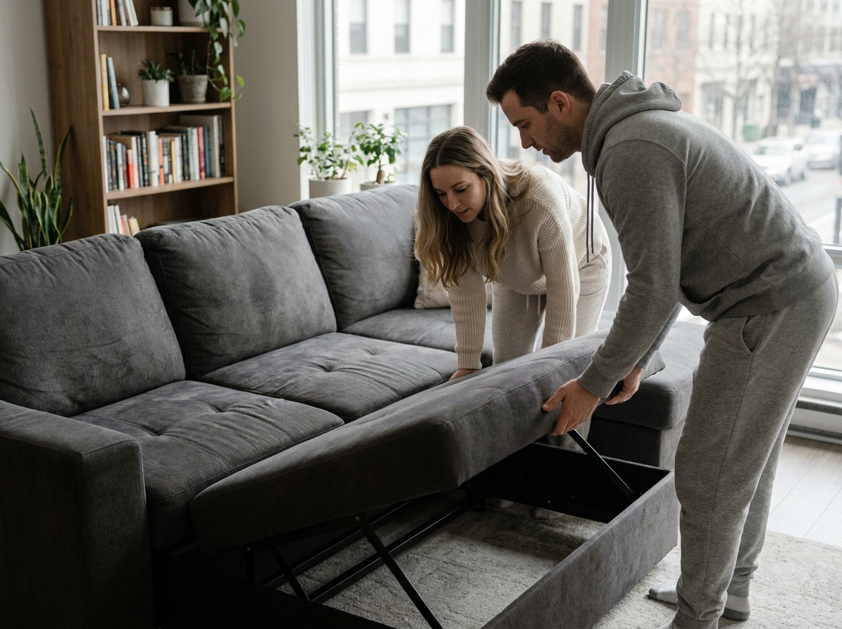 Couple testant le mécanisme de conversion d'un canapé d'angle 6 places en tissu gris anthracite dans un appartement contemporain