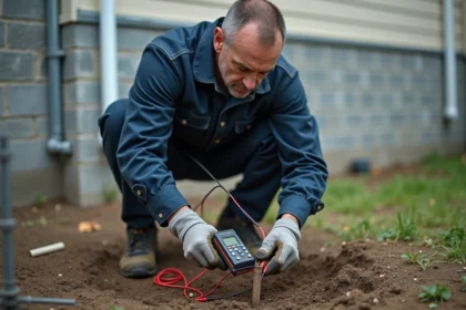 Électricien testant la résistance de terre avec un testeur numérique et des sondes sur un piquet de terre en extérieur
