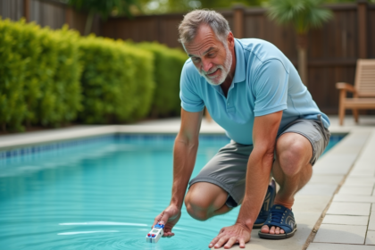 Homme testant l'eau de piscine extérieure avec un testeur numérique