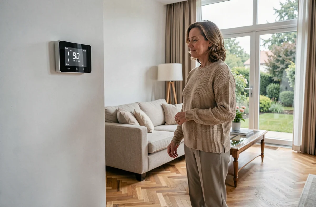 Propriétaire consultant le thermostat connecté de sa pompe à chaleur dans un salon de 100 m2