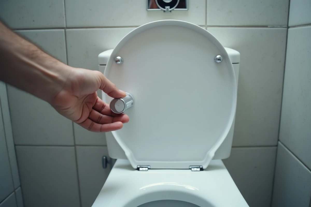Main appuyant sur le bouton de chasse d'eau d'une toilette blanche moderne dans une salle de bain carrelée