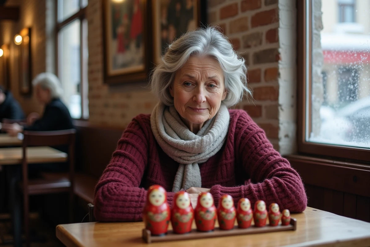Femme touriste examinant avec attention un jeu de poupées matriochkas ouvertes posées sur une table de café russe aux murs en briques apparentes