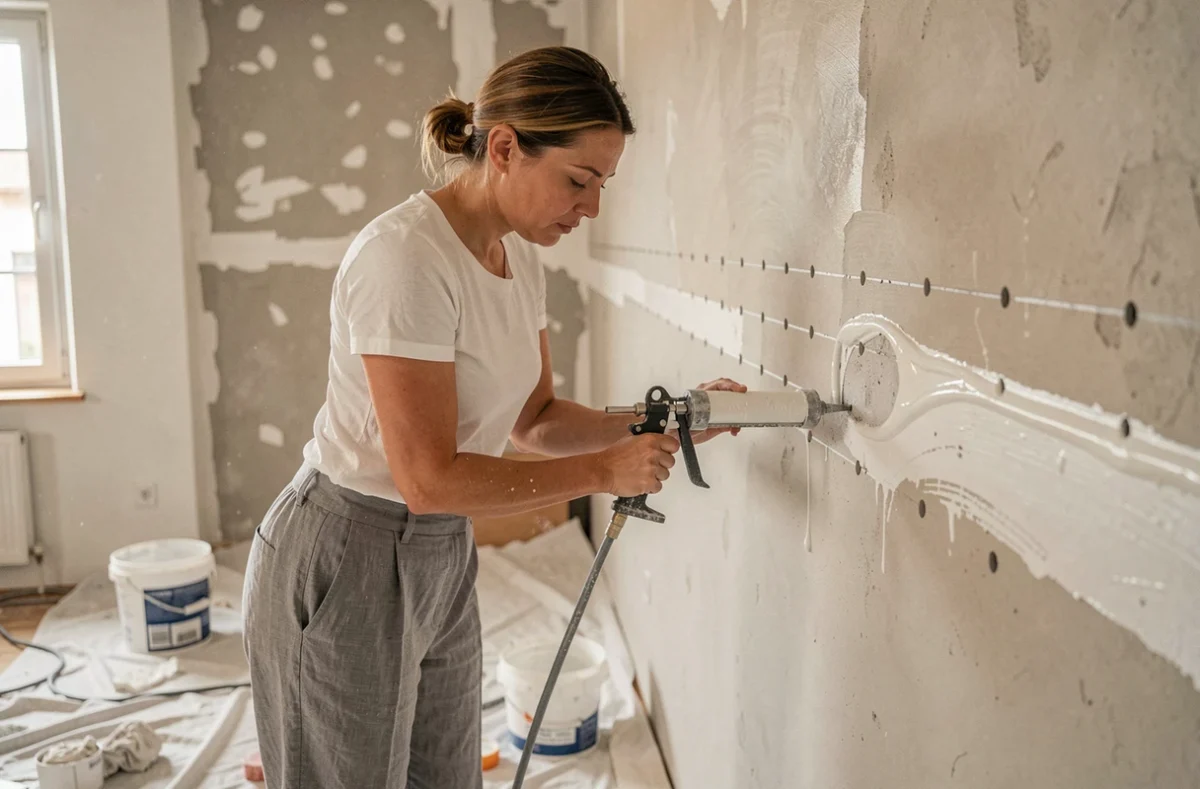 Femme appliquant une crème d'injection hydrofuge pour traiter les remontées capillaires dans un mur intérieur