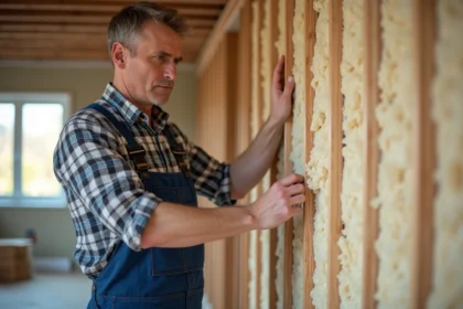 Ouvrier posant une isolation écologique en bois dans une pièce en rénovation