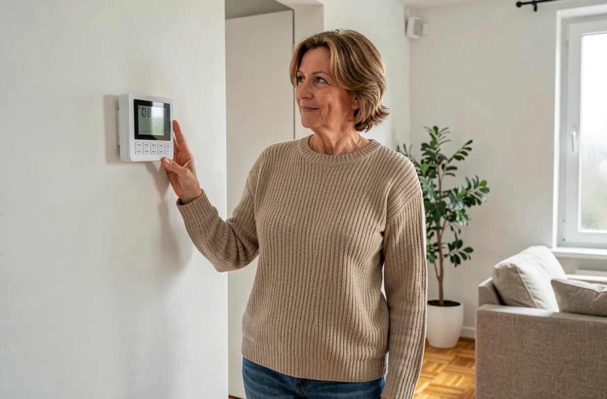 Femme utilisant le thermostat connecté d'une pompe à chaleur hybride gaz dans un salon moderne et confortable