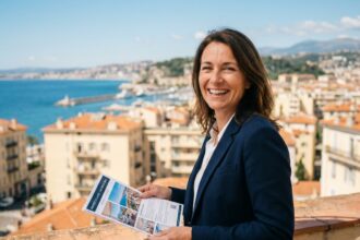Femme agent immobilier tenant des documents de vente sur une terrasse avec vue sur la côte de Nice
