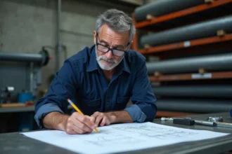 Ingénieur vérifiant les spécifications techniques d'une commande de tôle d'acier sur un plan dans un atelier industriel