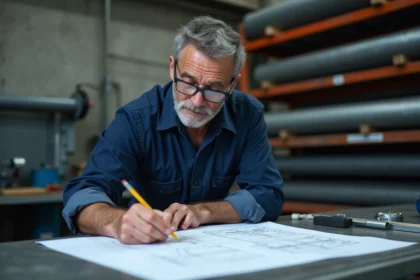 Ingénieur vérifiant les spécifications techniques d'une commande de tôle d'acier sur un plan dans un atelier industriel