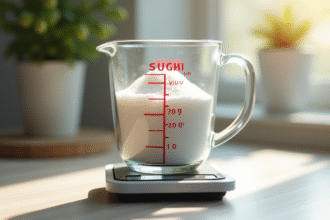 Verre doseur avec 100g de sucre blanc et balance numérique