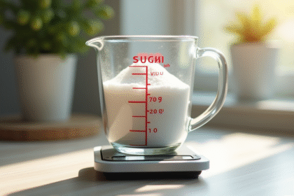 Verre doseur avec 100g de sucre blanc et balance numérique