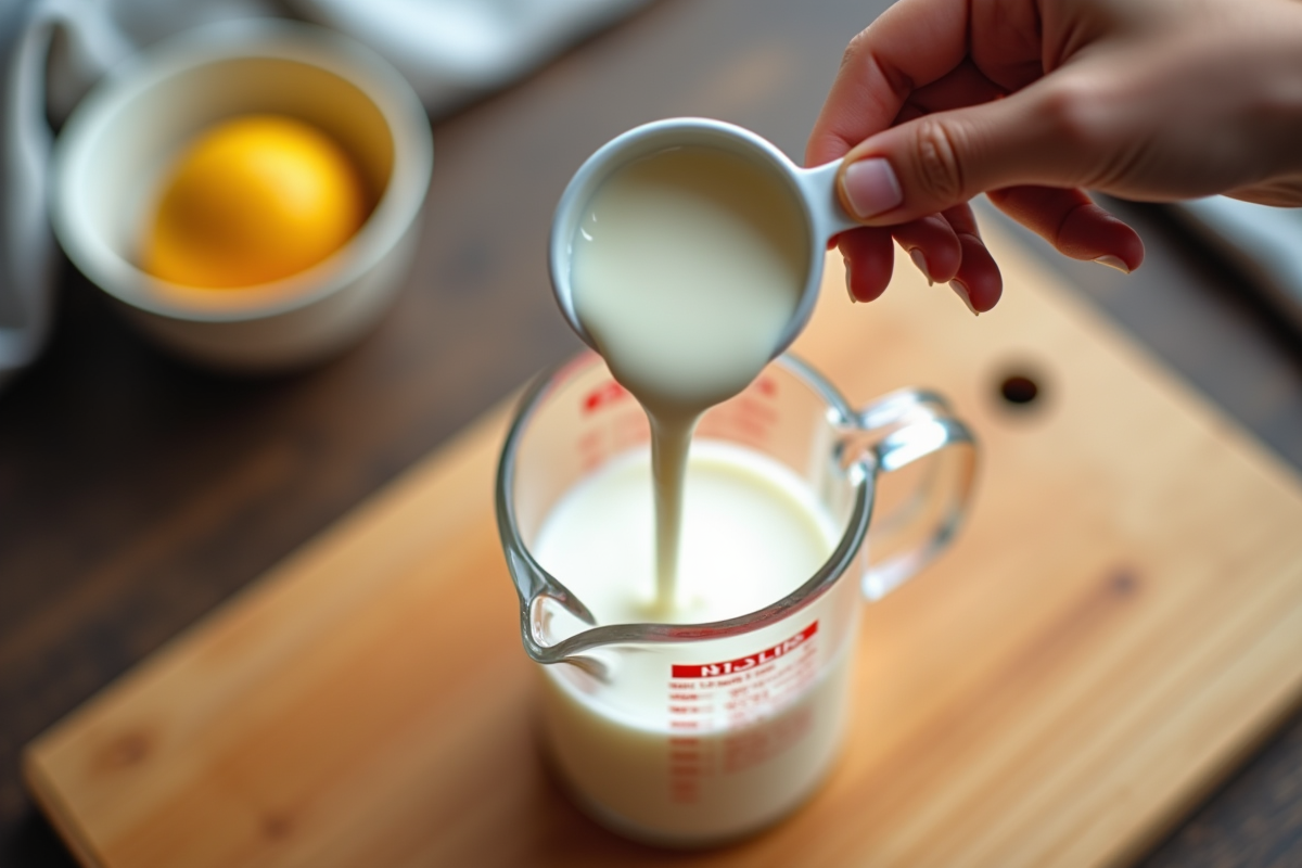 Main versant 100g de lait dans un verre doseur en bois