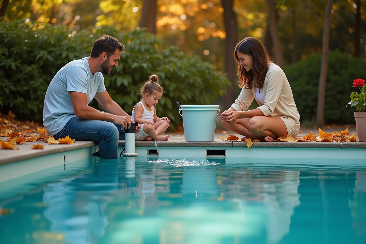 Famille vidangeant la piscine avec pompe manuelle et feuilles d
