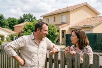 Deux voisins discutant de projet de panneaux solaires par-dessus une clôture en bois dans un jardin de maison individuelle
