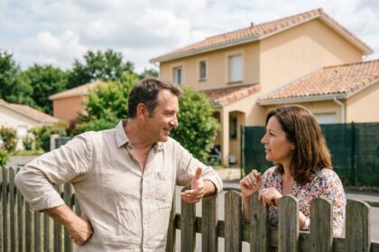 Deux voisins discutant de projet de panneaux solaires par-dessus une clôture en bois dans un jardin de maison individuelle