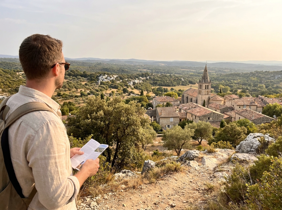 Vue panoramique du village de Saint-Martin-de-Londres depuis les collines environnantes avec un acquéreur potentiel observant le paysage